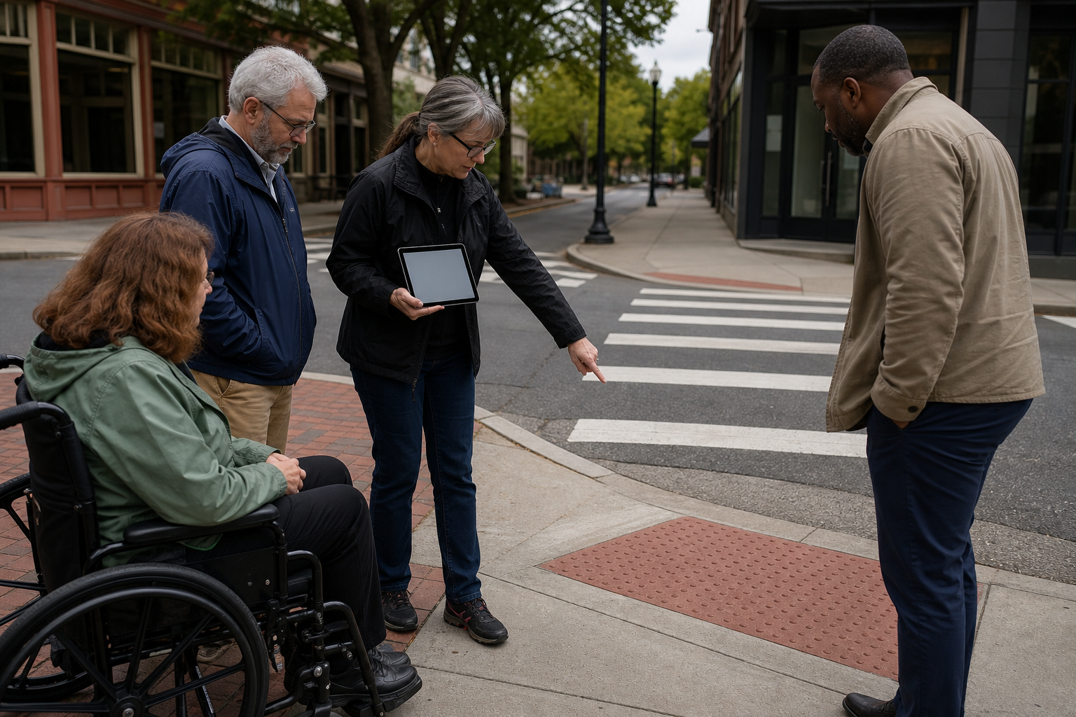 Residents and a municipal staff member examining accessibility at a street crossing