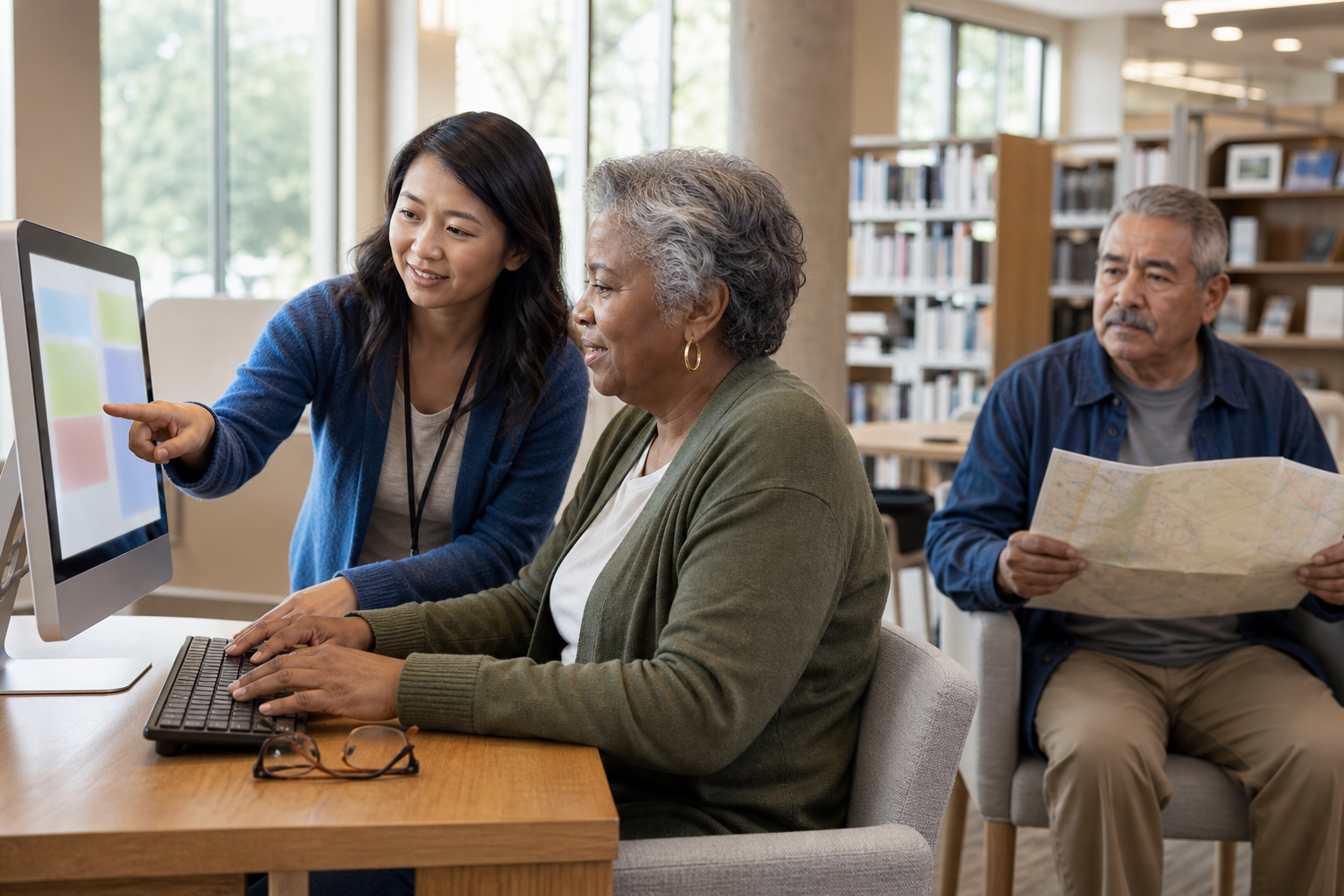 A librarian helping residents access a civic participation service