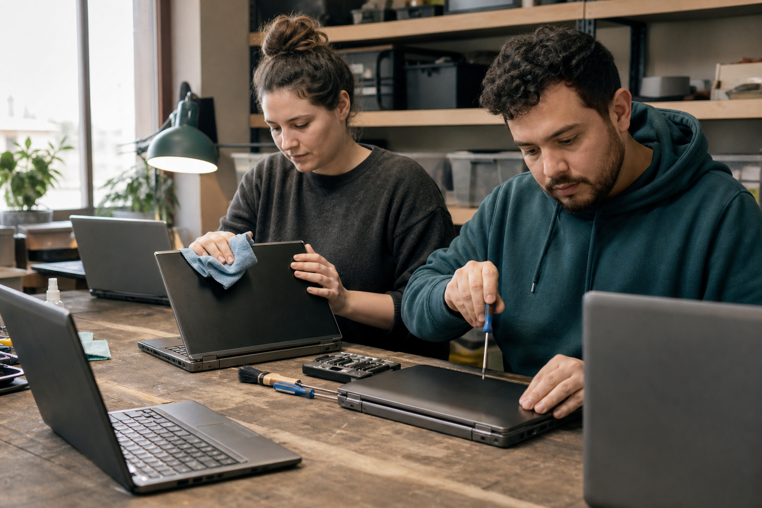 Volunteers preparing refurbished laptops for community use