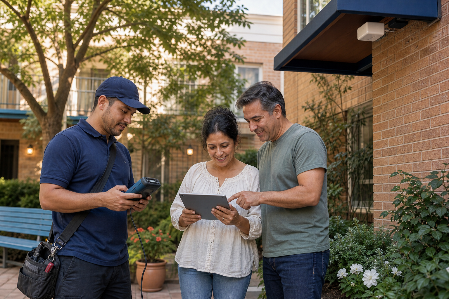 A technician and residents checking connectivity in a shared apartment courtyard