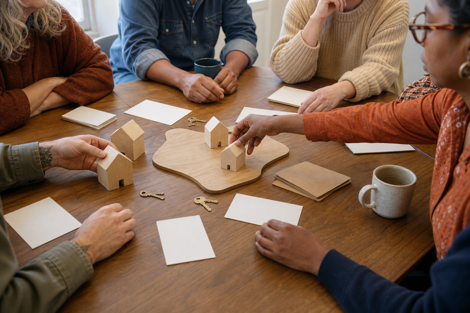 Residents using wooden house models and a land base to discuss community land trust stewardship