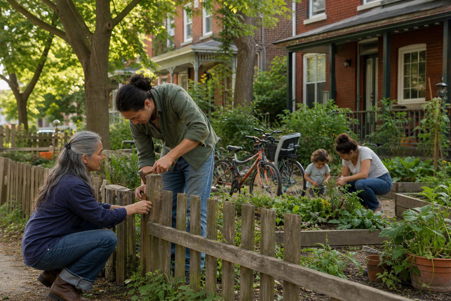 Neighbors repairing a shared garden fence while a family tends vegetables beside their homes