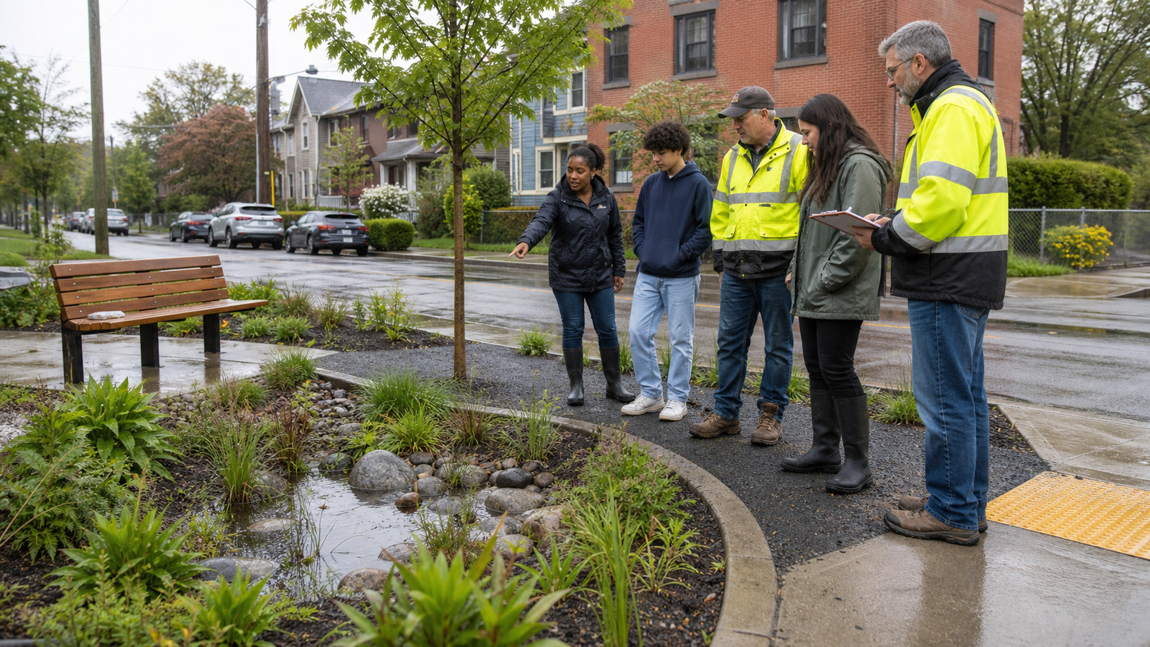 Residents and public works staff reviewing a completed neighborhood rain garden