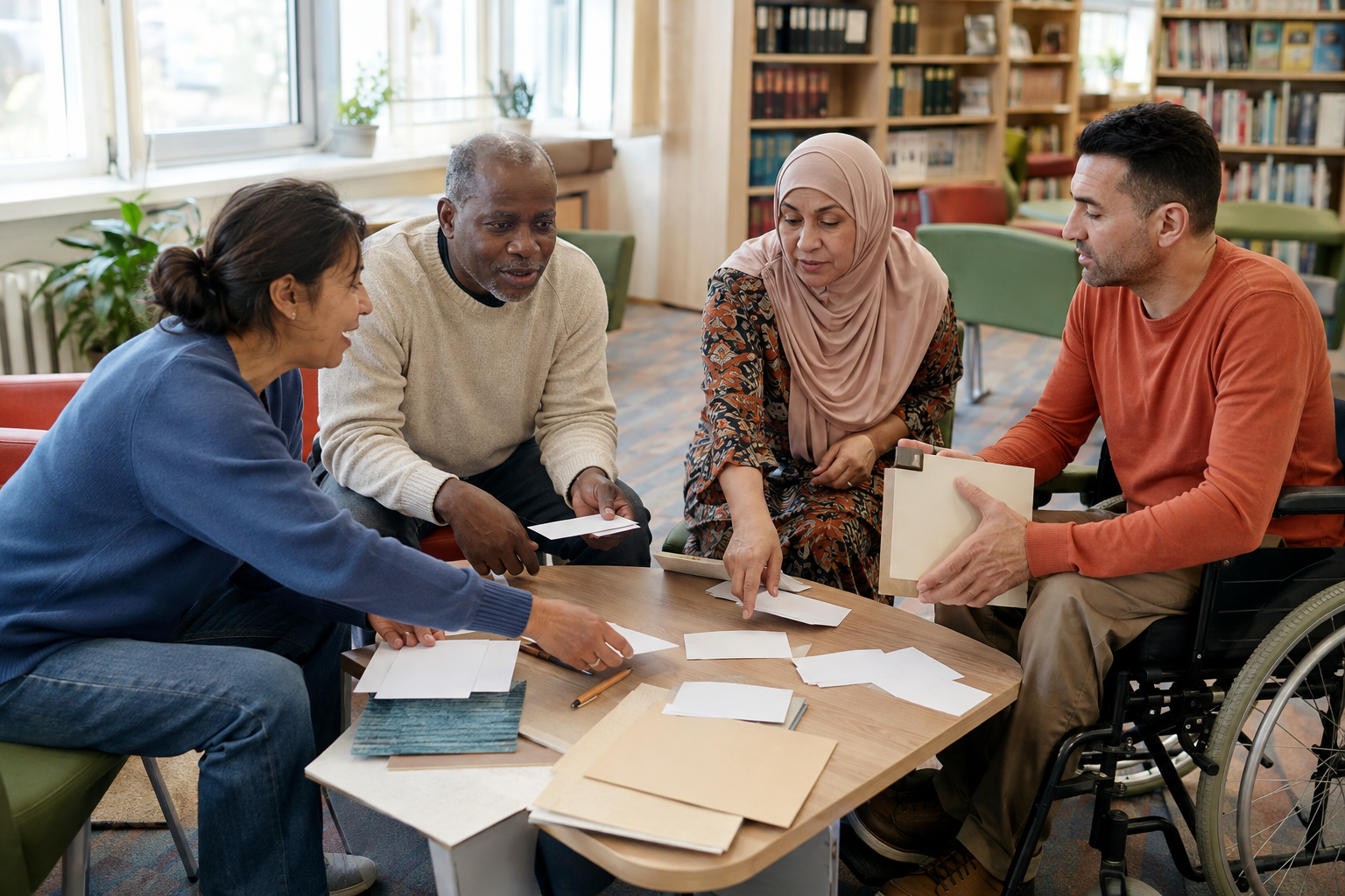 Small local suppliers and a facilitator working through blank tender requirement cards in an accessible library