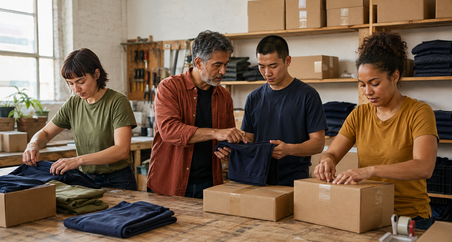 A local mission-led supplier team checking unbranded garments and packing an order in a bright workshop