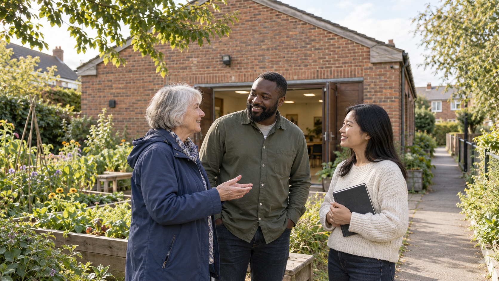 Three neighbors discussing a community hall beside a shared garden