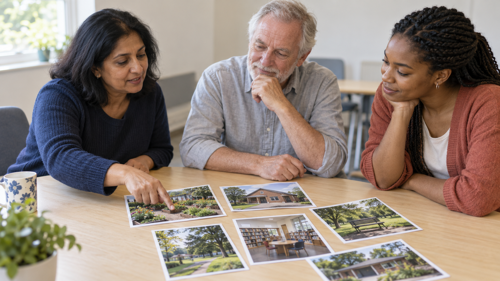 Three residents discussing uncaptioned photographs of neighborhood places