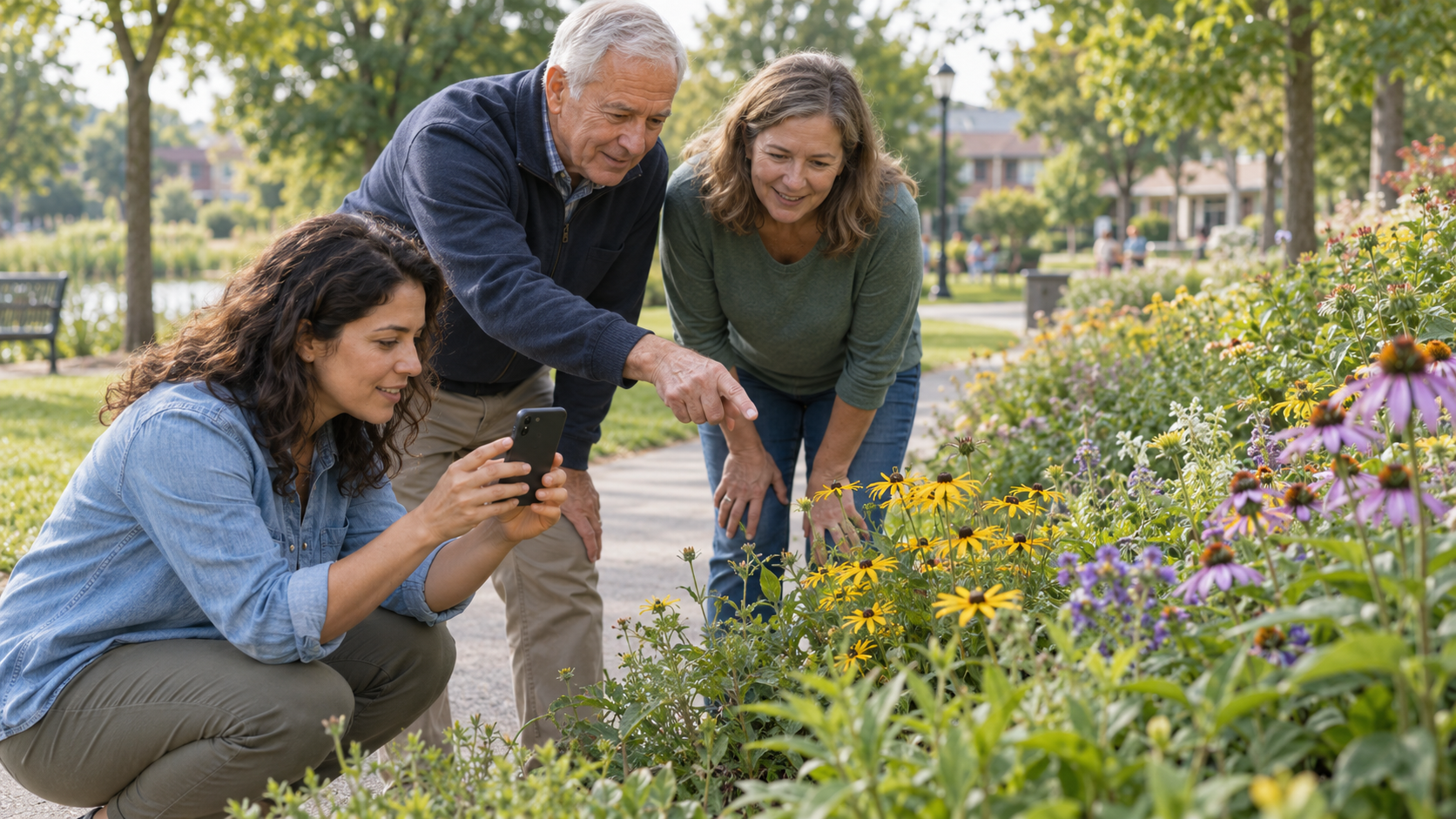 Neighbors observing flowering plants beside a neighborhood park path