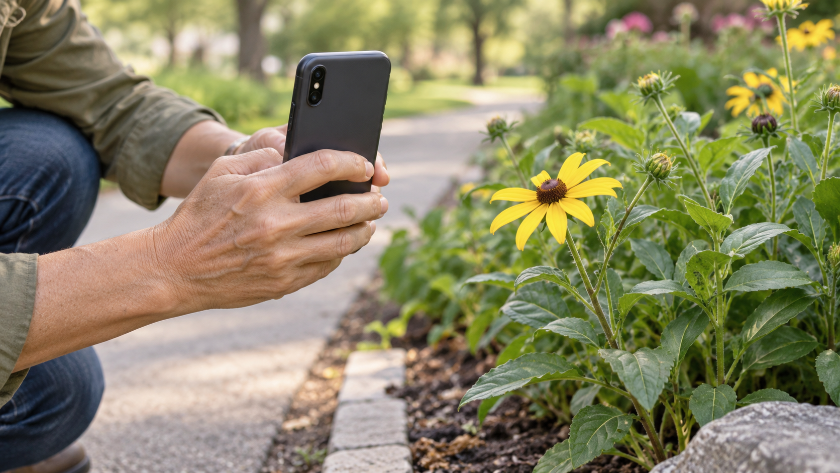 A volunteer photographing a yellow flower and its leaves without touching the plant