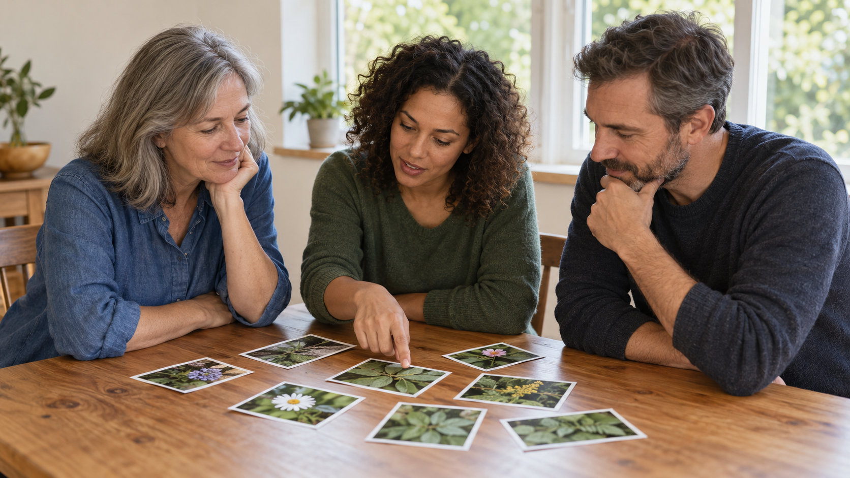 Community volunteers comparing uncaptioned photographs of flowers and leaves