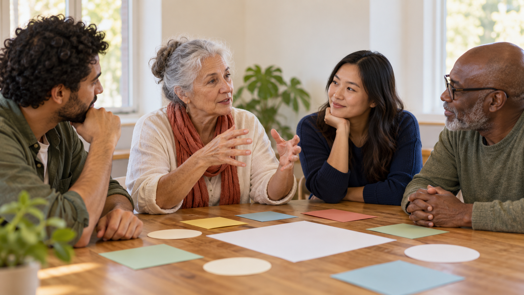 Four neighbors discussing ideas around a community workshop table