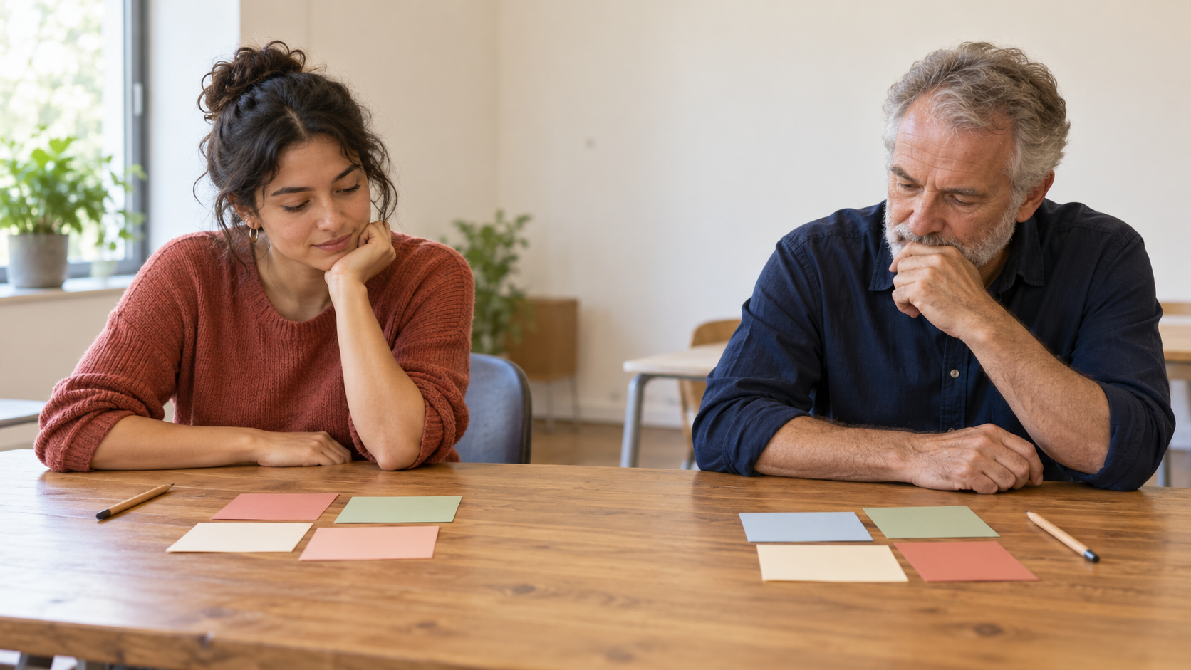 Two participants quietly considering separate groups of workshop cards