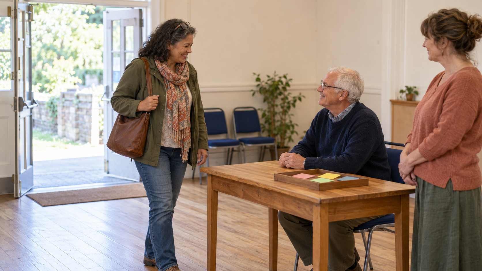 Residents rehearsing a welcome conversation at a temporary community reception table