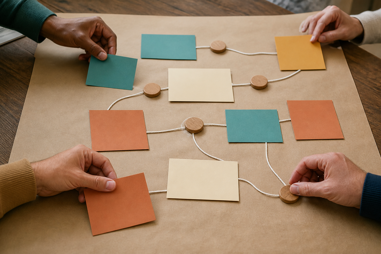 Community members mapping connections between activities and outcomes with blank cards and wooden tokens
