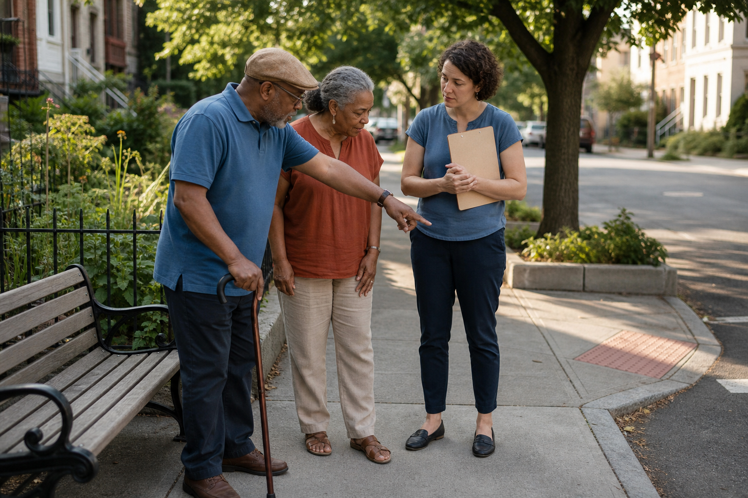 Residents and a program evaluator observing accessibility during a neighborhood learning walk